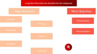 Linguistics Branches are devided into two categories.
Major Branches Minor Branches
Phonology
Sociolinguistics
Semantics
Pragmatics
Syntax
Morphology
Phonetics
Psycholinguistics
 