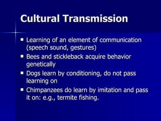 Cultural Transmission Learning of an element of communication (speech sound, gestures) Bees and stickleback acquire behavior genetically Dogs learn by conditioning, do not pass learning on Chimpanzees do learn by imitation and pass it on: e.g., termite fishing.  