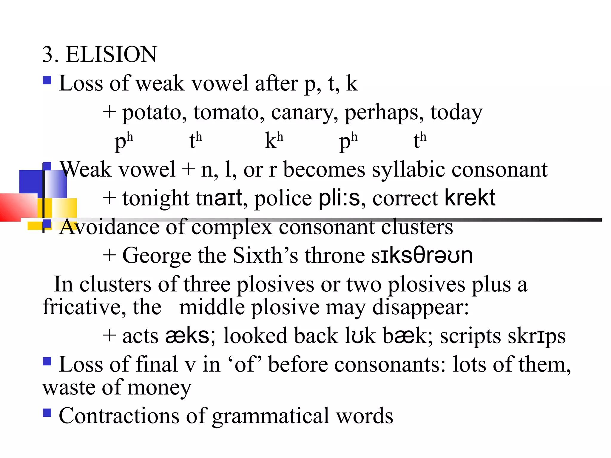 3. ELISION
 Loss of weak vowel after p, t, k

       + potato, tomato, canary, perhaps, today
        ph       th      kh      ph       th
 Weak vowel + n, l, or r becomes syllabic consonant

       + tonight tnaɪt, police pli:s, correct krekt
 Avoidance of complex consonant clusters

       + George the Sixth’s throne sɪksθrəʊn
 In clusters of three plosives or two plosives plus a
fricative, the middle plosive may disappear:
       + acts æks; looked back lʊk bæk; scripts skrɪps
 Loss of final v in ‘of’ before consonants: lots of them,
waste of money
 Contractions of grammatical words
 
