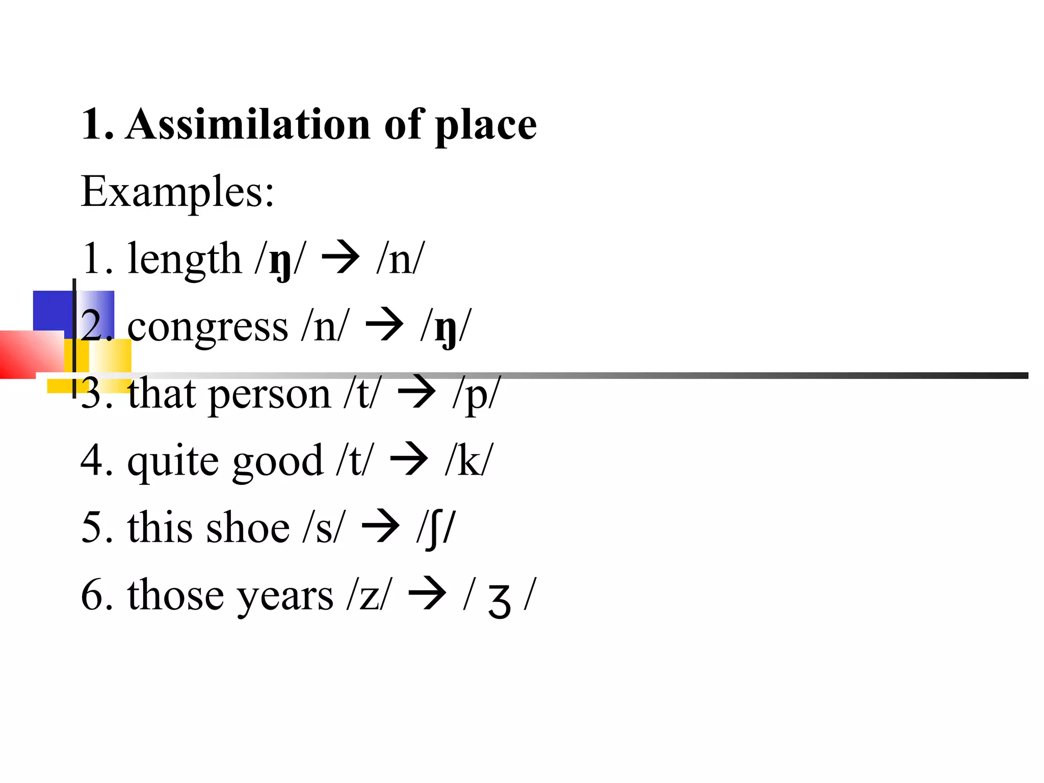 1. Assimilation of place
Examples:
1. length /ŋ/  /n/
2. congress /n/  /ŋ/
3. that person /t/  /p/
4. quite good /t/  /k/
5. this shoe /s/  /ʃ /
6. those years /z/  / ʒ /
 