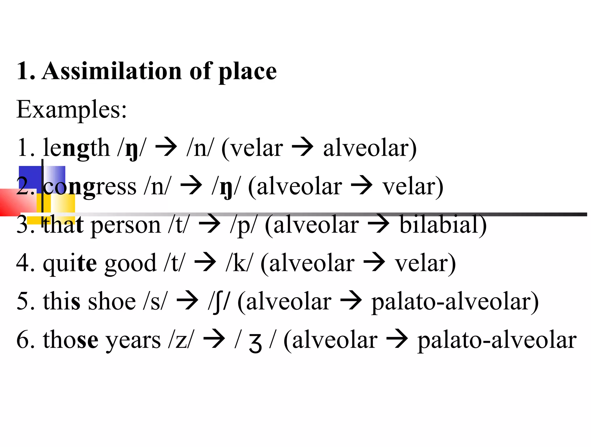 1. Assimilation of place
Examples:
1. length /ŋ/  /n/ (velar  alveolar)
2. congress /n/  /ŋ/ (alveolar  velar)
3. that person /t/  /p/ (alveolar  bilabial)
4. quite good /t/  /k/ (alveolar  velar)
5. this shoe /s/  /ʃ / (alveolar  palato-alveolar)
6. those years /z/  / ʒ / (alveolar  palato-alveolar
 