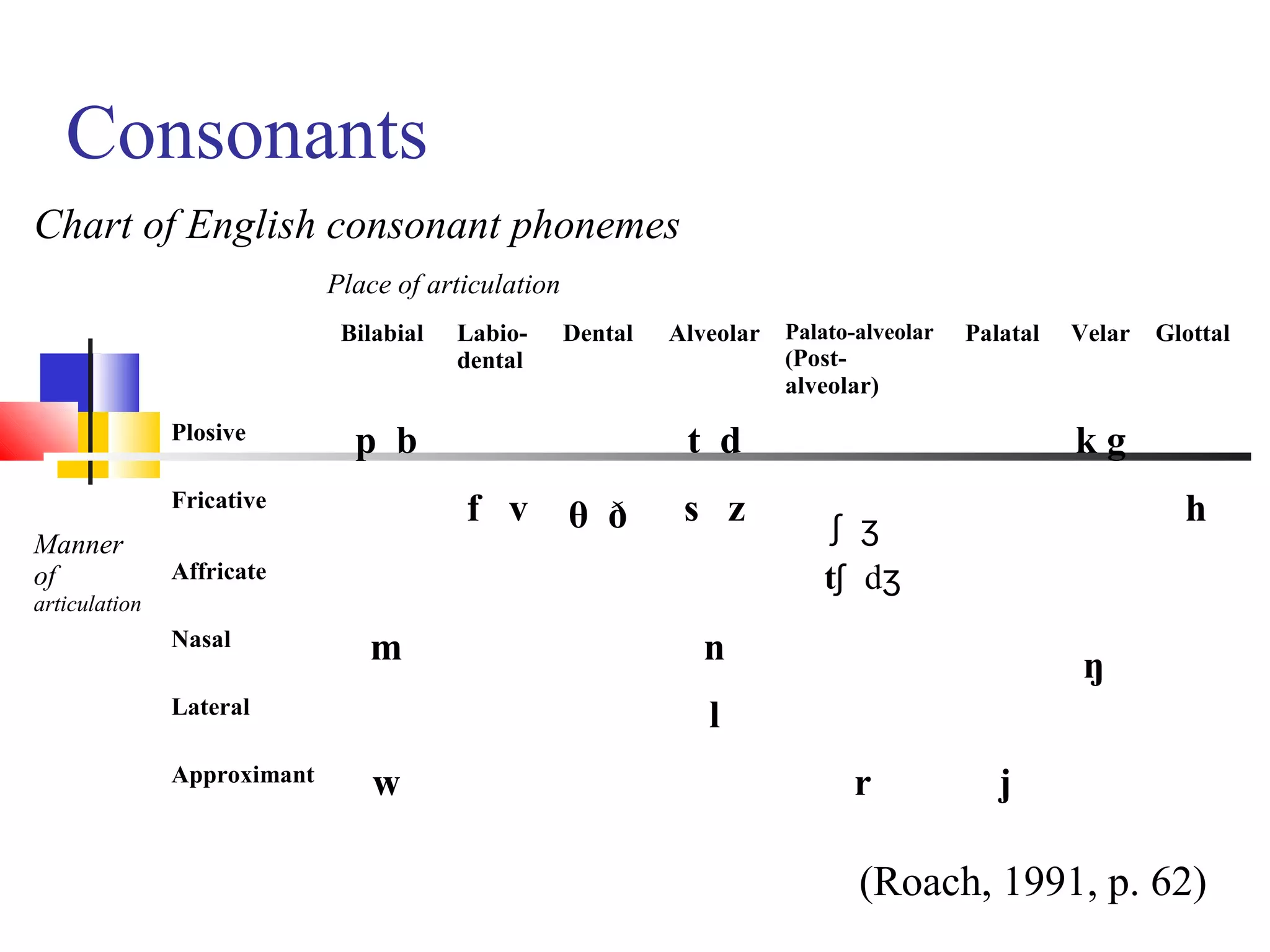 Consonants
Chart of English consonant phonemes
                             Place of articulation
                              Bilabial   Labio-      Dental   Alveolar   Palato-alveolar   Palatal   Velar   Glottal
                                         dental                          (Post-
                                                                         alveolar)
               Plosive
                               p b                             t d                                   kg
               Fricative
                                         f v         θ ð       s z           ʃ ʒ
                                                                                                               h
Manner
of             Affricate                                                    tʃ dʒ
articulation
               Nasal
                                m                                n                                    ŋ
               Lateral
                                                                 l
               Approximant
                                 w                                             r              j

                                                                                (Roach, 1991, p. 62)
 