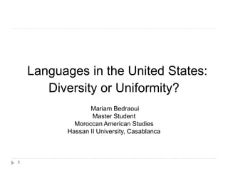 Languages in the United States:
Diversity or Uniformity?
Mariam Bedraoui
Master Student
Moroccan American Studies
Hassan II University, Casablanca
1
 