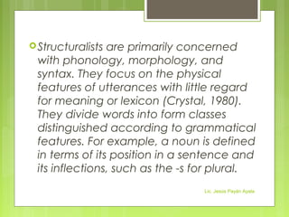 Structuralists are primarily concerned
with phonology, morphology, and
syntax. They focus on the physical
features of utterances with little regard
for meaning or lexicon (Crystal, 1980).
They divide words into form classes
distinguished according to grammatical
features. For example, a noun is defined
in terms of its position in a sentence and
its inflections, such as the -s for plural.
Lic. Jesús Payán Ayala
 