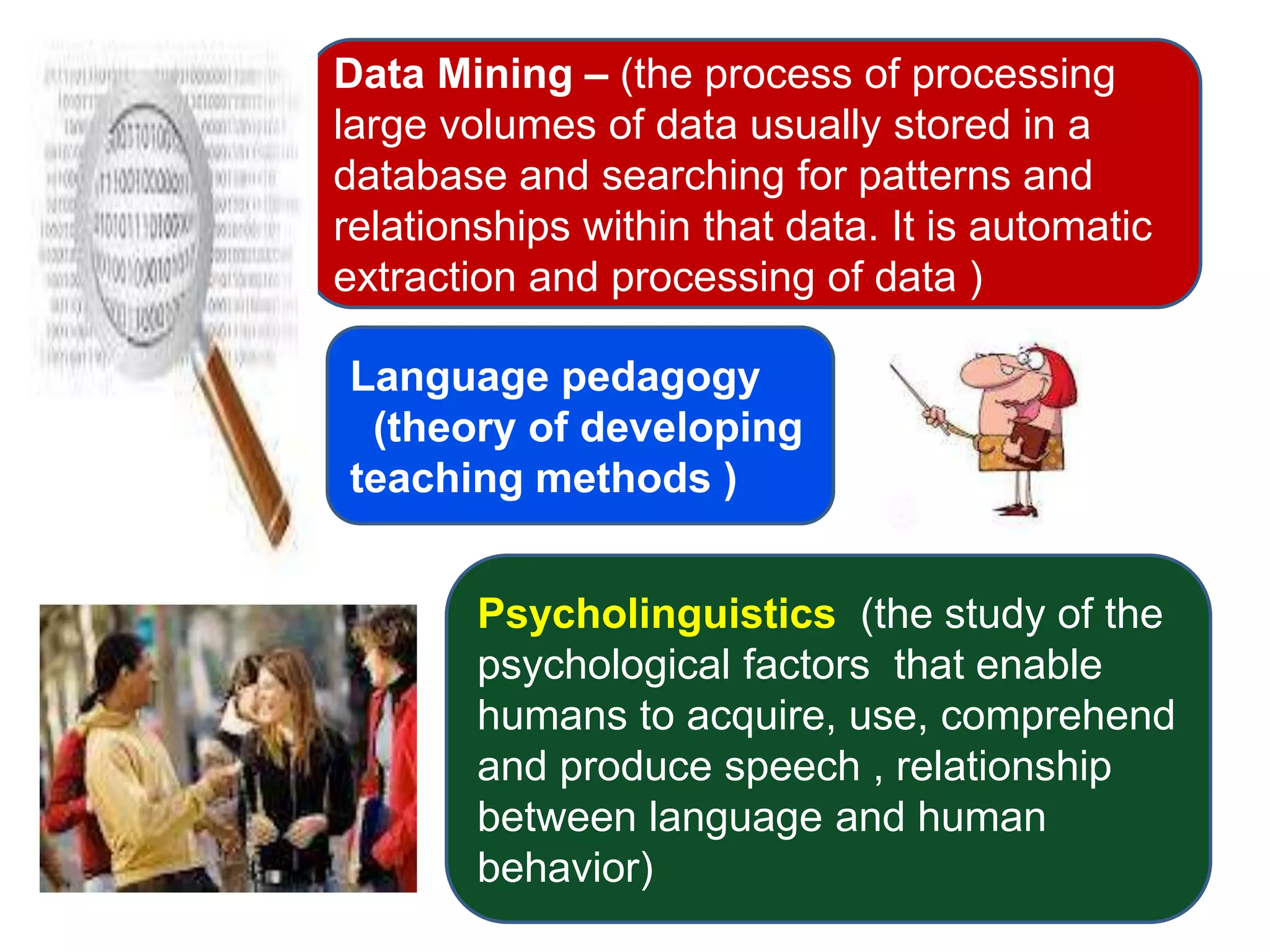 Data Mining – (the process of processing
large volumes of data usually stored in a
database and searching for patterns and
relationships within that data. It is automatic
extraction and processing of data )

Language pedagogy
 (theory of developing
teaching methods )


        Psycholinguistics (the study of the
        psychological factors that enable
        humans to acquire, use, comprehend
        and produce speech , relationship
        between language and human
        behavior)
 