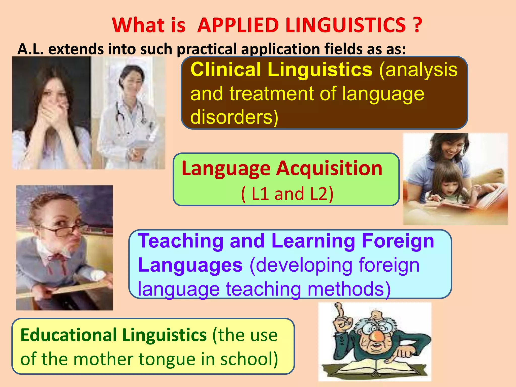 A.L. extends into such practical application fields as as:
                         Clinical Linguistics (analysis
                         and treatment of language
                         disorders)

                        Language Acquisition
                                 ( L1 and L2)

                 Teaching and Learning Foreign
                 Languages (developing foreign
                 language teaching methods)

Educational Linguistics (the use
of the mother tongue in school)
 