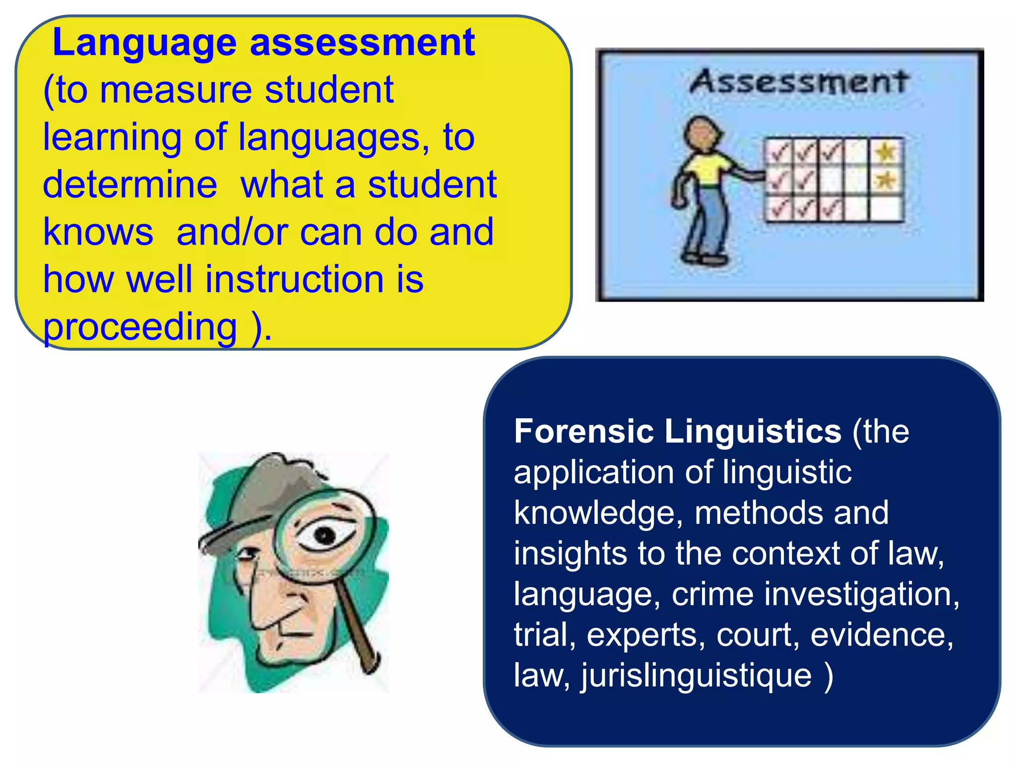 Language assessment
(to measure student
learning of languages, to
determine what a student
knows and/or can do and
how well instruction is
proceeding ).

                            Forensic Linguistics (the
                            application of linguistic
                            knowledge, methods and
                            insights to the context of law,
                            language, crime investigation,
                            trial, experts, court, evidence,
                            law, jurislinguistique )
 