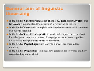 General aim of linguistic
theorizing
⚫ In the field of Grammar (including phonology, morphology, syntax, and
lexicology): to understand the nature and structure of languages.
⚫ In the field of Semantics: to explain how linguistic elements and structures
can convey meaning.
⚫ In the field of Cognitive-linguistic: to model what speakers know about
knowledge and how the structure of language relates to other cognitive
abilities like perception and attention allocation.
⚫ In the field of Psycholinguistics: to explain how L are acquired by
children.
⚫ In the field of Pragmatics : to model how communication works and how
understanding comes about.
 