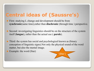 Central ideas of (Saussre’s)
⚫ First: studying L change and development should be from
synchronic(same time),rather than diachronic (through time ) perspective.
⚫ Second: investigating linguistics should be on the structure of the system
itself (langue), rather than the actual use ( parole).
⚫ Third: the system has social and psychological known as (binary
conception of linguistic signs).Not only the physical sound of the word
matter, but also the mental image.
⚫ Example: the word (Star)
Sta:
 