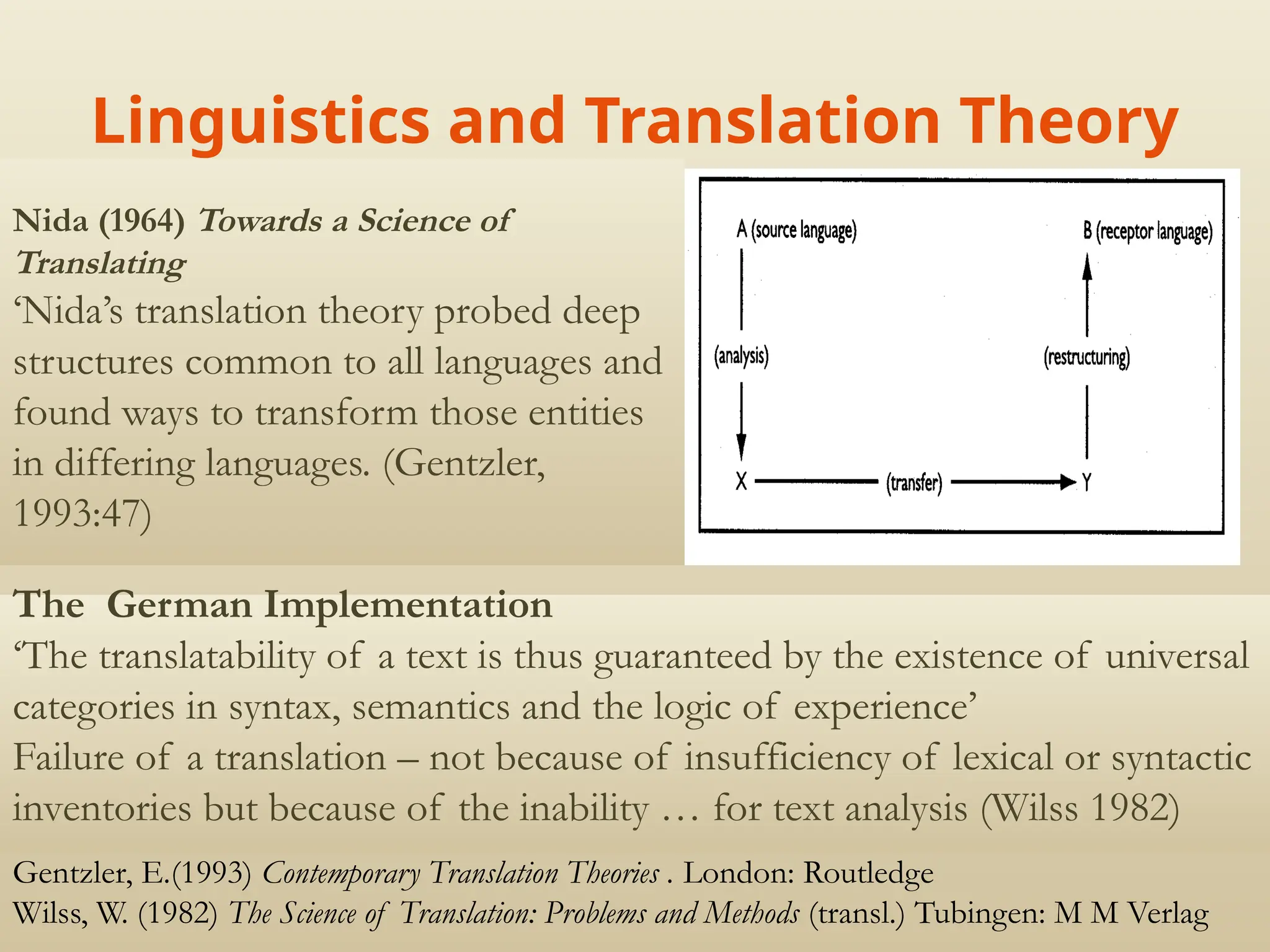 Linguistics and Translation Theory
Gentzler, E.(1993) Contemporary Translation Theories . London: Routledge
Wilss, W. (1982) The Science of Translation: Problems and Methods (transl.) Tubingen: M M Verlag
The German Implementation
‘The translatability of a text is thus guaranteed by the existence of universal
categories in syntax, semantics and the logic of experience’
Failure of a translation – not because of insufficiency of lexical or syntactic
inventories but because of the inability … for text analysis (Wilss 1982)
Nida (1964) Towards a Science of
Translating
‘Nida’s translation theory probed deep
structures common to all languages and
found ways to transform those entities
in differing languages. (Gentzler,
1993:47)
 