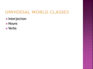  Interjection
 Nouns
 Verbs
 