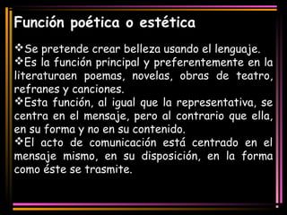 Función poética o estética 
Se pretende crear belleza usando el lenguaje. 
Es la función principal y preferentemente en la 
literaturaen poemas, novelas, obras de teatro, 
refranes y canciones. 
Esta función, al igual que la representativa, se 
centra en el mensaje, pero al contrario que ella, 
en su forma y no en su contenido. 
El acto de comunicación está centrado en el 
mensaje mismo, en su disposición, en la forma 
como éste se trasmite. 
 