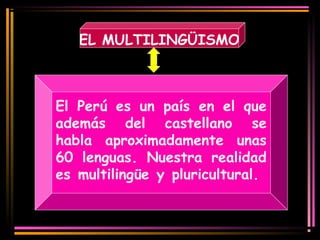 EL MULTILINGÜISMO 
El Perú es un país en el que 
además del castellano se 
habla aproximadamente unas 
60 lenguas. Nuestra realidad 
es multilingüe y pluricultural. 
 