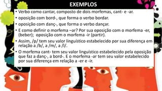 • Verbo como cantar, composto de dois morfemas, cant- e -ar.
• oposição com bord-, que forma o verbo bordar.
• oposição com danç-, que forma o verbo dançar.
• E como definir o morfema –ar? Por sua oposição com o morfema -er,
(beber); oposição com o morfema -ir (partir).
• Assim, /p/ tem seu valor linguístico estabelecido por sua diferença em
relação a /b/, a /m/, a /l/.
• O morfema cant- tem seu valor linguístico estabelecido pela oposição
que faz a danç-, a bord-. E o morfema -ar tem seu valor estabelecido
por sua diferença em relação a -er e -ir.
12/02/2014 UFMT - Instituto de Linguagem - Cuiabá -MT 26
EXEMPLOS
 