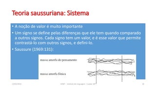 Teoria saussuriana: Sistema
• A noção de valor é muito importante
• Um signo se define pelas diferenças que ele tem quando comparado
a outros signos. Cada signo tem um valor, e é esse valor que permite
contrastá-lo com outros signos, e defini-lo.
• Saussure (1969:131):
12/02/2014 UFMT - Instituto de Linguagem - Cuiabá -MT 34
 