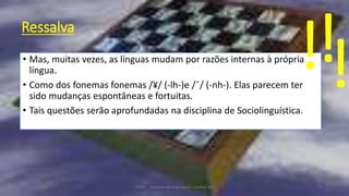 Ressalva
• Mas, muitas vezes, as línguas mudam por razões internas à própria
língua.
• Como dos fonemas fonemas /¥/ (-lh-)e /¯/ (-nh-). Elas parecem ter
sido mudanças espontâneas e fortuitas.
• Tais questões serão aprofundadas na disciplina de Sociolinguística.
12/02/2014 UFMT - Instituto de Linguagem - Cuiabá -MT 72
!!!
 