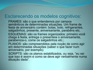 Esclarecendo os modelos cognitivos:
 FRAMES: são o que entendemos por campos

semânticos de determinadas situações. Um frame de
festa de aniversário contém: bolas, bolo, refrigerantes,
salgadinhos, presente, aniversariante, parabéns etc.
 ESQUEMAS: são os frames organizados: primeiro você
chega à festa, entrega o presenteia o aniversariante,
parabeniza-o, come os salgadinhos etc.;
 PLANOS: são compreendidos pela noção de como agir
em determinadas situações (saber o que fazer num
aniversário, por exemplo)
 SCRIPTS: são os planos estabilizados, ou seja, “eu sei
que isso é assim e como se deve agir verbalmente numa
situação dada”.

 