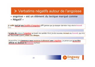 Verbatims négatifs autour de l’angoisse
« angoisse » est un élément du lexique marqué comme
« Négatif »




                23
 