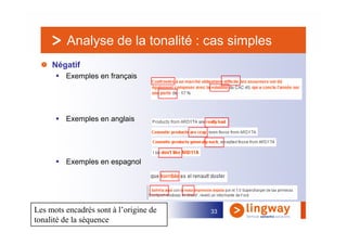 Analyse de la tonalité : cas simples
     Négatif
         Exemples en français




         Exemples en anglais




         Exemples en espagnol




Les mots encadrés sont à l’origine de   33
tonalité de la séquence
 