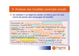 Analyse des tonalités (exemple social)
Un verbatim = un objet (ici caché), un thème que l’on veut
suivre (en jaune), des marquages de tonalités
 