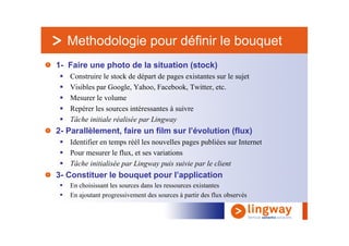 Methodologie pour définir le bouquet
1- Faire une photo de la situation (stock)
   Construire le stock de départ de pages existantes sur le sujet
   Visibles par Google, Yahoo, Facebook, Twitter, etc.
   Mesurer le volume
   Repérer les sources intéressantes à suivre
   Tâche initiale réalisée par Lingway
2- Parallèlement, faire un film sur l’évolution (flux)
   Identifier en temps réél les nouvelles pages publiées sur Internet
   Pour mesurer le flux, et ses variations
   Tâche initialisée par Lingway puis suivie par le client
3- Constituer le bouquet pour l’application
   En choisissant les sources dans les ressources existantes
   En ajoutant progressivement des sources à partir des flux observés
 