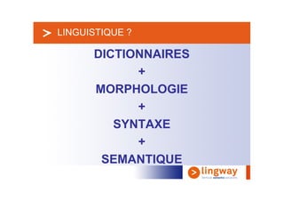 > LINGUISTIQUE ?

        DICTIONNAIRES
              +
        MORPHOLOGIE
              +
           SYNTAXE
              +
         SEMANTIQUE
 