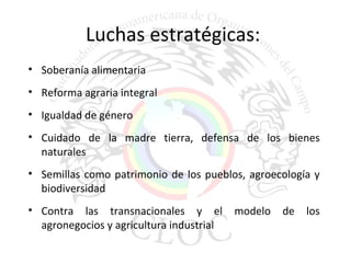 Luchas estratégicas: 
• Soberanía alimentaria 
• Reforma agraria integral 
• Igualdad de género 
• Cuidado de la madre tierra, defensa de los bienes 
naturales 
• Semillas como patrimonio de los pueblos, agroecología y 
biodiversidad 
• Contra las transnacionales y el modelo de los 
agronegocios y agricultura industrial 
 