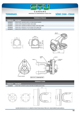 VALORESCOMICMSDE18%/SP. SOMENTEOITEMDETRAVAEMOLASTÊM5%IPI. VÁLIDOSOMENTELINHAAGRÍCOLA.
SÉRIE2500-CRAMTERMINAIS
14
TERMINAISESTRIADOS
CÓDIGOSTU DESCRIÇÃO
102500015 CRAM-354TR-SUPORTECURTO21ESTRIASENGATERAPIDO
102500022 CRAM-353TRFCONJUNTOFUSIVELFURO10MM
102500011 CRAM-353PS-SUPORTE6ESTRIASAPLATERALS/INTFURO13MM.
102500010 CRAM-353PI-SUPORTED.13/8”6ESTRIASFTRV13MMC/INT
102500014 CRAM-353TR-SUPORTED.13/8”6ESTRIASENGATERAPIDO
TERMINAISFLANGE
CÓDIGOSTU DESCRIÇÃO
152500016 CRAM-180FLSUPORTEFLANGECOMORELHAEMBREAGEM(CRAM)
 