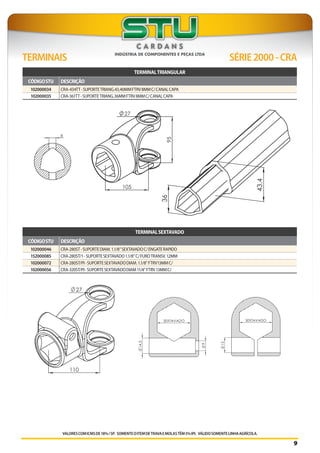 VALORESCOMICMSDE18%/SP. SOMENTEOITEMDETRAVAEMOLASTÊM5%IPI. VÁLIDOSOMENTELINHAAGRÍCOLA.
TERMINAIS SÉRIE2000-CRA
9
TERMINALSEXTAVADO
CÓDIGOSTU DESCRIÇÃO
102000046 CRA-280ST-SUPORTEDIAM.1.1/8”SEXTAVADOC/ENGATERAPIDO
152000085 CRA-280ST/1-SUPORTESEXTAVADO1.1/8”C/FUROTRANSV.12MM
102000072 CRA-280ST/PI-SUPORTESEXTAVADODIAM.1.1/8”FTRV13MMC/
102000056 CRA-320ST/PI-SUPORTESEXTAVADODIAM11/4”FTRV13MMC/
TERMINALTRIANGULAR
CÓDIGOSTU DESCRIÇÃO
102000034 CRA-434TT-SUPORTETRIANG.43,40MMFTRV8MMC/CANALCAPA
102000035 CRA-361TT-SUPORTETRIANG.36MMFTRV8MMC/CANALCAPA
 