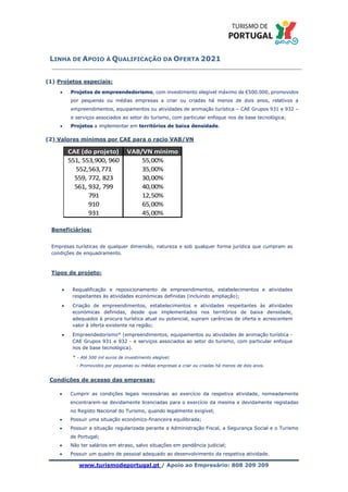LINHA DE APOIO À QUALIFICAÇÃO DA OFERTA 2021
www.turismodeportugal.pt / Apoio ao Empresário: 808 209 209
(1) Projetos especiais:
• Projetos de empreendedorismo, com investimento elegível máximo de €500.000, promovidos
por pequenas ou médias empresas a criar ou criadas há menos de dois anos, relativos a
empreendimentos, equipamentos ou atividades de animação turística – CAE Grupos 931 e 932 –
e serviços associados ao setor do turismo, com particular enfoque nos de base tecnológica;
• Projetos a implementar em territórios de baixa densidade.
(2) Valores mínimos por CAE para o racio VAB/VN
Beneficiários:
Empresas turísticas de qualquer dimensão, natureza e sob qualquer forma jurídica que cumpram as
condições de enquadramento.
Tipos de projeto:
• Requalificação e reposicionamento de empreendimentos, estabelecimentos e atividades
respeitantes às atividades económicas definidas (incluindo ampliação);
• Criação de empreendimentos, estabelecimentos e atividades respeitantes às atividades
económicas definidas, desde que implementados nos territórios de baixa densidade,
adequados à procura turística atual ou potencial, supram carências de oferta e acrescentem
valor à oferta existente na região;
• Empreendedorismo* (empreendimentos, equipamentos ou atividades de animação turística -
CAE Grupos 931 e 932 - e serviços associados ao setor do turismo, com particular enfoque
nos de base tecnológica).
* - Até 500 mil euros de investimento elegível;
- Promovidos por pequenas ou médias empresas a criar ou criadas há menos de dois anos.
Condições de acesso das empresas:
• Cumprir as condições legais necessárias ao exercício da respetiva atividade, nomeadamente
encontrarem-se devidamente licenciadas para o exercício da mesma e devidamente registadas
no Registo Nacional do Turismo, quando legalmente exigível;
• Possuir uma situação económico-financeira equilibrada;
• Possuir a situação regularizada perante a Administração Fiscal, a Segurança Social e o Turismo
de Portugal;
• Não ter salários em atraso, salvo situações em pendência judicial;
• Possuir um quadro de pessoal adequado ao desenvolvimento da respetiva atividade.
CAE (do projeto) VAB/VN mínimo
551, 553,900, 960 55,00%
552,563,771 35,00%
559, 772, 823 30,00%
561, 932, 799 40,00%
791 12,50%
910 65,00%
931 45,00%
 