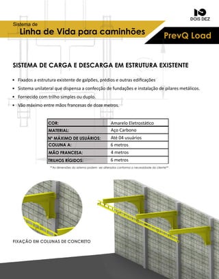 PrevQLoadLinhadeVidaparacaminhões
Sistemade
SISTEMADECARGAEDESCARGAEM ESTRUTURAEXISTENTE
• Fixadosaestruturaexistentedegalpões,prédioseoutrasediﬁcações
• Sistemaunilateralquedispensaaconfecçãodefundaçõeseinstalaçãodepilaresmetálicos.
• Fornecidocomtrilhosimplesouduplo.
• Vãomáximoentremãosfrancesasdedozemetros.
AmareloEletrostáco
AçoCarbono
Até04usuários
6metros
4metros
6metros
**Asdimensõesdosistemapodem seralteradosconformaanecessidadedocliente**
COR:
MATERIAL:
NºMÁXIMODEUSUÁRIOS:
COLUNAA:
MÃOFRANCESA:
TRILHOSRÍGIDOS:
FIXAÇÃOEM COLUNASDECONCRETO
 