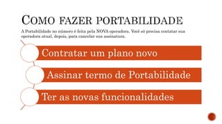 Contratar um plano novo
Assinar termo de Portabilidade
Ter as novas funcionalidades
A Portabilidade no número é feita pela NOVA operadora. Você só precisa contatar sua
operadora atual, depois, para cancelar sua assinatura.
 