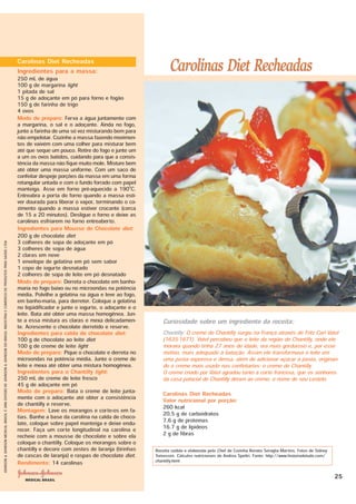 Carolinas Diet Recheadas
                                                                                                                                 Ingredientes para a massa:                                   Carolinas Diet Recheadas
                                                                                                                                 250 mL de água
                                                                                                                                 100 g de margarina light
                                                                                                                                 1 pitada de sal
                                                                                                                                 15 g de adoçante em pó para forno e fogão
                                                                                                                                 150 g de farinha de trigo
                                                                                                                                 4 ovos
                                                                                                                                 Modo de preparo: Ferva a água juntamente com
                                                                                                                                 a margarina, o sal e o adoçante. Ainda no fogo,
                                                                                                                                 junte a farinha de uma só vez misturando bem para
                                                                                                                                 não empelotar. Cozinhe a massa fazendo movimen-
                                                                                                                                 tos de vaivém com uma colher para misturar bem
                                                                                                                                 até que seque um pouco. Retire do fogo e junte um
                                                                                                                                 a um os ovos batidos, cuidando para que a consis-
                                                                                                                                 tência da massa não fique muito mole. Misture bem
                                                                                                                                 até obter uma massa uniforme. Com um saco de
                                                                                                                                 confeitar despeje porções da massa em uma forma
                                                                                                                                 retangular untada e com o fundo forrado com papel
                                                                                                                                 manteiga. Asse em forno pré-aquecido a 190oC.
                                                                                                                                 Entreabra a porta do forno quando a massa esti-
                                                                                                                                 ver dourada para liberar o vapor, terminando o co-
                                                                                                                                 zimento quando a massa estiver crocante (cerca
                                                                                                                                 de 15 a 20 minutos). Desligue o forno e deixe as
                                                                                                                                 carolinas esfriarem no forno entreaberto.
                                                                                                                                 Ingredientes para Mousse de Chocolate diet:
                                                                                                                                 200 g de chocolate diet
                                                                                                                                 3 colheres de sopa de adoçante em pó
JOHNSON & JOHNSON MEDICAL BRASIL É UMA DIVISÃO DE JOHNSON & JOHNSON DO BRASIL INDÚSTRIA E COMÉRCIO DE PRODUTOS PARA SAÚDE LTDA




                                                                                                                                 3 colheres de sopa de água
                                                                                                                                 2 claras em neve
                                                                                                                                 1 envelope de gelatina em pó sem sabor
                                                                                                                                 1 copo de iogurte desnatado
                                                                                                                                 2 colheres de sopa de leite em pó desnatado
                                                                                                                                 Modo de preparo: Derreta o chocolate em banho-
                                                                                                                                 maria no fogo baixo ou no microondas na potência
                                                                                                                                 média. Polvilhe a gelatina na água e leve ao fogo,
                                                                                                                                 em banho-maria, para derreter. Coloque a gelatina
                                                                                                                                 no liqüidificador e junte o iogurte, o adoçante e o
                                                                                                                                 leite. Bata até obter uma massa homogênea. Jun-
                                                                                                                                 te a essa mistura as claras e mexa delicadamen-          Curiosidade sobre um ingrediente da receita:
                                                                                                                                 te. Acrescente o chocolate derretido e reserve.
                                                                                                                                 Ingredientes para calda de chocolate diet:               Chantilly: O creme de Chantilly surgiu na França através de Fritz Carl Vatel
                                                                                                                                 100 g de chocolate ao leite diet                         (1635-1671). Vatel percebeu que o leite da região de Chantilly, onde ele
                                                                                                                                 100 g de creme de leite light                            morava quando tinha 27 anos de idade, era mais gorduroso e, por esse
                                                                                                                                 Modo de preparo: Pique o chocolate e derreta no          motivo, mais adequado à bateção. Assim ele transformava o leite em
                                                                                                                                 microondas na potência média. Junte o creme de           uma pasta vaporosa e densa, além de adicionar açúcar à pasta, originan-
                                                                                                                                 leite e mexa até obter uma mistura homogênea.            do o creme mais usado nas confeitarias: o creme de Chantilly.
                                                                                                                                 Ingredientes para o Chantilly light:                     O creme criado por Vatel agradou tanto a corte francesa, que os senhores
                                                                                                                                 250 mL de creme de leite fresco                          da casa palacial de Chantilly deram ao creme, o nome de seu castelo.
                                                                                                                                 45 g de adoçante em pó
                                                                                                                                 Modo de preparo: Bata o creme de leite junta-            Carolinas Diet Recheadas
                                                                                                                                 mente com o adoçante até obter a consistência            Valor nutricional por porção:
                                                                                                                                 de chantilly e reserve.                                  260 kcal
                                                                                                                                 Montagem: Lave os morangos e corte-os em fa-             20,5 g de carboidratos
                                                                                                                                 tias. Banhe a base da carolina na calda de choco-        7,6 g de proteinas
                                                                                                                                 late, coloque sobre papel manteiga e deixe endu-         16.7 g de lipideos
                                                                                                                                 recer. Faça um corte longitudinal na carolina e
                                                                                                                                 recheie com a mousse de chocolate e sobre ela            2 g de fibras
                                                                                                                                 coloque o chantilly. Coloque os morangos sobre o
                                                                                                                                 chantilly e decore com zestes de laranja (tirinhas    Receita cedida e elaborada pelo Chef de Cozinha Renato Seraglia Martins. Fotos de Sidney
                                                                                                                                 de cascas de laranja) e raspas de chocolate diet.     Tomassini. Cálculos nutricionais de Andrea Speltri. Fonte: http://www.historiadetudo.com/
                                                                                                                                 Rendimento: 14 carolinas                              chantilly.html

                                                                                                                                                                                                                                                                                   25
 