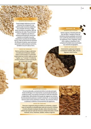 | 49



             C E VA D A
        BENEFÍCIOS À SAÚDE


    Cereal integral saboroso e rico em
      vitaminas do complexo B, cuja
   carência pode ocasionar problemas
     nas conexões nervosas, fadiga,                                                          GERGELIM
  dores reumáticas e paralisia, além de                                                  BENEFÍCIOS À SAÚDE
  problemas de visão. Possui minerais
                                                                                   Ajuda a regular o intestino pelo alto
     como o magnésio, que alivia os
                                                                                    teor de fibras. Também é fonte de
   sintomas da tensão pré-menstrual
                                                                                  proteínas de boa qualidade nutricional
     e ajuda na contração muscular,
                                                                                  com o perfil de aminoácidos essenciais
  importante na prática de atividades
                                                                                  ao organismo. Ferro, magnésio, cálcio,
físicas. Pode ser boa fonte de vitaminas
                                                                                     zinco, selênio e vitaminas E e do
 B1 e B6 para fumantes, que costumam
                                                                                  complexo B também são encontrados
 apresentar carência desses nutrientes.
                                                                                        nas sementes de gergelim.
     Também é rica em cálcio e ferro.
                                                                                          MODO DE CONSUMO

         MODO DE CONSUMO                                                            Comumente usado para temperar
  Basta cozinhar em água e adicionar                                               e enriquecer saladas, pães, massas,
   a cevada para enriquecer saladas,                                                     legumes, arroz e tortas.
  sopas e outros pratos. É a principal
responsável por conferir sabor ao arroz
  “7 grãos”, ou “7 cereais”. O malte da
 cevada também é usado na produção
        da maioria das cervejas.




                                      LINHAÇA
                                 BENEFÍCIOS À SAÚDE

                Escura ou dourada, a semente do linho é uma das principais
              fontes de Ômega 3 e 6, importantes na prevenção de doenças
              cardiovasculares. Isso porque controlam os níveis de colesterol
             e triglicérides, dificultando a formação de coágulos nas artérias.
            Fornece bastante potássio e contém vitamina E, um antioxidante
             natural, entre outras vitaminas e minerais. Seu consumo reforça
                   as defesas e melhora o funcionamento do organismo.
                                  MODO DE CONSUMO

             Para que o organismo absorva melhor os nutrientes, o ideal é
            moer as sementes no liquidificador antes de consumir. A linhaça
              é muito utilizada no preparo de pães, bolos e biscoitos (duas
           colheres de sopa por quilo de massa) ou ainda misturada a cereais
                 matinais, sucos, vitaminas, saladas, molhos e iogurtes.
 