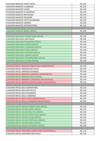 CHAVEIRO MASCOTE PONTE PRETA R$ 2,99
CHAVEIRO MASCOTE FLAMENGO R$ 2,99
CHAVEIRO MASCOTE VASCO R$ 2,99
CHAVEIRO MASCOTE FLUMINENSE R$ 2,99
CHAVEIRO MASCOTE BOTAFOGO R$ 2,99
CHAVEIRO MASCOTE CRUZEIRO R$ 2,99
CHAVEIRO MASCOTE ATLETICO MINEIRO R$ 2,99
CHAVEIRO MASCOTE GREMIO R$ 2,99
CHAVEIRO MASCOTE INTERNACIONAL R$ 2,99
CHAVEIRO MASCOTE BRASIL (NOVO) R$ 2,99
CHAVEIRO MEIA BOLA CORINTHIANS (NOVO) R$ 5,90
CHAVEIRO MEIA BOLA SAO PAULO R$ 5,90
CHAVEIRO MEIA BOLA PALMEIRAS (NOVO) R$ 5,90
CHAVEIRO MEIA BOLA SANTOS (NOVO) R$ 5,90
CHAVEIRO MEIA BOLA FLAMENGO (NOVO) R$ 5,90
CHAVEIRO MEIA BOLA VASCO (NOVO) R$ 5,90
CHAVEIRO MEIA BOLA CRUZEIRO (NOVO) R$ 5,90
CHAVEIRO MEIA BOLA GREMIO (NOVO) R$ 5,90
CHAVEIRO MEIA BOLA INTERNACIONAL (NOVO) R$ 5,90
CHAVEIRO MEIA BOLA VITORIA (NOVO) R$ 5,90
CHAVEIRO METAL ABRIDOR CORINTHIANS (INDISPONIVEL) R$ 5,90
CHAVEIRO METAL ABRIDOR SAO PAULO R$ 5,90
CHAVEIRO METAL ABRIDOR PALMEIRAS R$ 5,90
CHAVEIRO METAL ABRIDOR FLAMENGO (INDISPONIVEL) R$ 5,90
CHAVEIRO METAL ABRIDOR VASCO (NOVO) R$ 5,90
CHAVEIRO METAL ABRIDOR FLUMINENSE (INDISPONIVEL) R$ 5,90
CHAVEIRO METAL ABRIDOR INTERNACIONAL (INDISPONIVEL) R$ 5,90
CHAVEIRO METAL BOLA CORINTHIANS R$ 2,99
CHAVEIRO METAL BOLA SAO PAULO R$ 2,99
CHAVEIRO METAL BOLA PALMEIRAS R$ 2,99
CHAVEIRO METAL BOLA FLAMENGO R$ 2,99
CHAVEIRO METAL BOLA VASCO (INDISPONIVEL) R$ 2,99
CHAVEIRO METAL BOLA FLUMINENSE (INDISPONIVEL) R$ 2,99
CHAVEIRO METAL ESCUDO CORINTHIANS (NOVO) R$ 5,99
CHAVEIRO METAL ESCUDO SPORT (NOVO) R$ 5,99
CHAVEIRO METAL ESCUDO NAUTICO (NOVO) R$ 5,99
CHAVEIRO METAL ESCUDO SANTA CRUZ (NOVO) R$ 5,99
CHAVEIRO METAL ESCUDO CEARA (NOVO) R$ 5,99
CHAVEIRO METAL ESCUDO FORTALEZA (NOVO) R$ 5,99
CHAVEIRO METAL ESCUDO REMO (NOVO) R$ 5,99
CHAVEIRO METAL ESCUDO PAYSANDU (NOVO) R$ 5,99
CHAVEIRO METAL GIRATORIO CORINTHIANS (INDISPONIVEL) R$ 7,20
CHAVEIRO METAL GIRATORIO SAO PAULO R$ 7,20
 