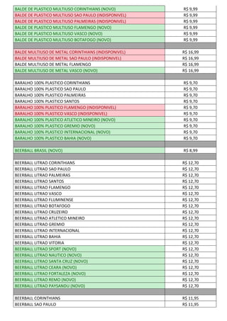 BALDE DE PLASTICO MULTIUSO CORINTHIANS (NOVO) R$ 9,99
BALDE DE PLASTICO MULTIUSO SAO PAULO (INDISPONIVEL) R$ 9,99
BALDE DE PLASTICO MULTIUSO PALMEIRAS (INDISPONIVEL) R$ 9,99
BALDE DE PLASTICO MULTIUSO FLAMENGO (NOVO) R$ 9,99
BALDE DE PLASTICO MULTIUSO VASCO (NOVO) R$ 9,99
BALDE DE PLASTICO MULTIUSO BOTAFOGO (NOVO) R$ 9,99
BALDE MULTIUSO DE METAL CORINTHIANS (INDISPONIVEL) R$ 16,99
BALDE MULTIUSO DE METAL SAO PAULO (INDISPONIVEL) R$ 16,99
BALDE MULTIUSO DE METAL FLAMENGO R$ 16,99
BALDE MULTIUSO DE METAL VASCO (NOVO) R$ 16,99
BARALHO 100% PLASTICO CORINTHIANS R$ 9,70
BARALHO 100% PLASTICO SAO PAULO R$ 9,70
BARALHO 100% PLASTICO PALMEIRAS R$ 9,70
BARALHO 100% PLASTICO SANTOS R$ 9,70
BARALHO 100% PLASTICO FLAMENGO (INDISPONIVEL) R$ 9,70
BARALHO 100% PLASTICO VASCO (INDISPONIVEL) R$ 9,70
BARALHO 100% PLASTICO ATLETICO MINEIRO (NOVO) R$ 9,70
BARALHO 100% PLASTICO GREMIO (NOVO) R$ 9,70
BARALHO 100% PLASTICO INTERNACIONAL (NOVO) R$ 9,70
BARALHO 100% PLASTICO BAHIA (NOVO) R$ 9,70
BEERBALL BRASIL (NOVO) R$ 8,99
BEERBALL LITRAO CORINTHIANS R$ 12,70
BEERBALL LITRAO SAO PAULO R$ 12,70
BEERBALL LITRAO PALMEIRAS R$ 12,70
BEERBALL LITRAO SANTOS R$ 12,70
BEERBALL LITRAO FLAMENGO R$ 12,70
BEERBALL LITRAO VASCO R$ 12,70
BEERBALL LITRAO FLUMINENSE R$ 12,70
BEERBALL LITRAO BOTAFOGO R$ 12,70
BEERBALL LITRAO CRUZEIRO R$ 12,70
BEERBALL LITRAO ATLETICO MINEIRO R$ 12,70
BEERBALL LITRAO GREMIO R$ 12,70
BEERBALL LITRAO INTERNACIONAL R$ 12,70
BEERBALL LITRAO BAHIA R$ 12,70
BEERBALL LITRAO VITORIA R$ 12,70
BEERBALL LITRAO SPORT (NOVO) R$ 12,70
BEERBALL LITRAO NAUTICO (NOVO) R$ 12,70
BEERBALL LITRAO SANTA CRUZ (NOVO) R$ 12,70
BEERBALL LITRAO CEARA (NOVO) R$ 12,70
BEERBALL LITRAO FORTALEZA (NOVO) R$ 12,70
BEERBALL LITRAO REMO (NOVO) R$ 12,70
BEERBALL LITRAO PAYSANDU (NOVO) R$ 12,70
BEERBALL CORINTHIANS R$ 11,95
BEERBALL SAO PAULO R$ 11,95
 