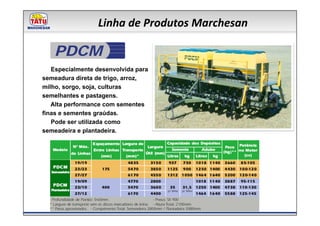 Linha de Produtos Marchesan

   PDCM
   Especialmente desenvolvida para
semeadura direta de trigo, arroz,
milho, sorgo, soja, culturas
semelhantes e pastagens.
   Alta performance com sementes
finas e sementes graúdas.
   Pode ser utilizada como
semeadeira e plantadeira.
 