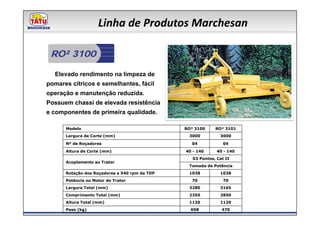 Linha de Produtos Marchesan

 RO² 3100

  Elevado rendimento na limpeza de
pomares cítricos e semelhantes, fácil
operação e manutenção reduzida.
Possuem chassi de elevada resistência
e componentes de primeira qualidade.

      Modelo                                   RO² 3100     RO² 3101
      Largura de Corte (mm)                     3000          3000

      Nº de Roçadores                            04             04

      Altura de Corte (mm)                     40 - 140      40 - 140
                                                  03 Pontos, Cat II
      Acoplamento ao Trator
                                                Tomada de Potência
      Rotação dos Roçadores a 540 rpm da TDP    1038          1038
      Potência no Motor do Trator                70             70
      Largura Total (mm)                        3280          3165
      Comprimento Total (mm)                    2350          2850
      Altura Total (mm)                         1120          1120
      Peso (kg)                                  698           470
 