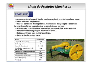 Linha de Produtos Marchesan

ROAT² 1700

   - Acoplamento na barra de tração e acionamento através da tomada de força.
   - Baixa demanda de potência.
   - Rotação constante dos roçadores. A velocidade de operação é escolhida
livremente conforme a vegetação e as condições do terreno.
   - Multiplicador com Giro-Livre, segurança nas operações, maior vida útil.
   - Mandril com fácil regulagem da altura de corte.
   - Rodas com frisos para melhor aderência.
   - Suporte das facas tipo barra.

 Modelo                             ROAT² 1700
 Largura de Corte (mm)                1680
 Nº de Roçadores                       02
 Altura de Corte (mm)                90 - 260
 Rotação dos Roçadores a 540
                                      1038
 rpm da TDP
 Potência (cv) no Motor do Trator      60
 Largura Total (mm)                   2090
 Comprimento Total (mm)               2860
 Altura Total (mm)                    1200
 Peso (kg)                             662
 