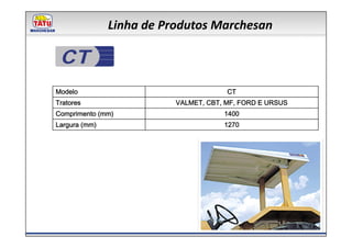 Linha de Produtos Marchesan

 CT
Modelo                                 CT
Tratores                  VALMET, CBT, MF, FORD E URSUS
Comprimento (mm)                      1400
Largura (mm)                          1270
 