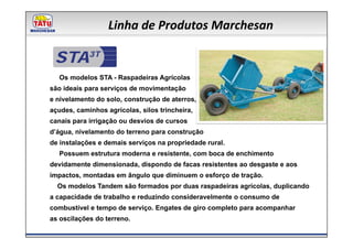 Linha de Produtos Marchesan

 STA3T
  Os modelos STA - Raspadeiras Agrícolas
são ideais para serviços de movimentação
e nivelamento do solo, construção de aterros,
açudes, caminhos agrícolas, silos trincheira,
canais para irrigação ou desvios de cursos
d’água, nivelamento do terreno para construção
de instalações e demais serviços na propriedade rural.
  Possuem estrutura moderna e resistente, com boca de enchimento
devidamente dimensionada, dispondo de facas resistentes ao desgaste e aos
impactos, montadas em ângulo que diminuem o esforço de tração.
  Os modelos Tandem são formados por duas raspadeiras agrícolas, duplicando
a capacidade de trabalho e reduzindo consideravelmente o consumo de
combustível e tempo de serviço. Engates de giro completo para acompanhar
as oscilações do terreno.
 