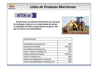 Linha de Produtos Marchesan

   RTA-6
   Proporciona um elevado rendimento em serviços
de drenagem, abertura ou conservação de canais
e instalação de linhas subterrâneas em geral, com
até 3,0 metros de profundidade.




           Dimensões Gerais:


           Profundidade de Escavação (mm)                      3000
           Ângulo de Giro Horizontal                       170 Graus
           Altura Máxima de Descarga (mm)                      2870
           Alcance - Desde a Articulação (mm)                  4400
           Ângulo de Rotação de Caçamba                    160 Graus
           Altura no Transporte (mm)                           2650
           Abertura dos Estabilizadores no Transporte          2050
           Abertura dos Estabilizadores em Operação (mm)       3300
 