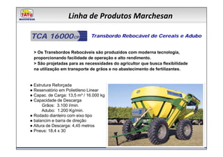 Linha de Produtos Marchesan

TCA 16000 CP                  Transbordo Rebocável de Cereais e Adubo


 > Os Transbordos Rebocáveis são produzidos com moderna tecnologia,
 proporcionando facilidade de operação e alto rendimento.
 > São projetadas para as necessidades do agricultor que busca flexibilidade
 na utilização em transporte de grãos e no abastecimento de fertilizantes.


● Estrutura Reforçada
● Reservatório em Polietileno Linear
● Capac. de Carga: 13,5 m³ / 16.000 kg
● Capacidade de Descarga
       Grãos: 3.100 l/min.
       Adubo: 1.200 Kg/min.
● Rodado dianteiro com eixo tipo
● balancim e barra de direção
● Altura de Descarga: 4,45 metros
● Pneus: 18,4 x 30
 