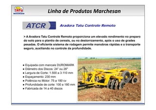 Linha de Produtos Marchesan

  ATCR                    Aradora Tatu Controle Remoto


> A Aradora Tatu Controle Remoto proporciona um elevado rendimento no preparo
do solo para o plantio de cereais, ou no destorroamento, após o uso de grades
pesadas. O eficiente sistema de rodagem permite manobras rápidas e o transporte
seguro, auxiliando no controle da profundidade.




● Equipada com mancais DUROMARK
● Diâmetro dos Discos: 24” ou 26"
● Largura de Corte: 1.500 a 3.110 mm
● Espaçamento: 230 mm
● Potência no Motor: 75 a 180 cv
● Profundidade de corte: 100 a 180 mm
● Fabricada de 14 a 40 discos
 