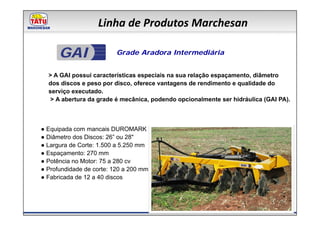 Linha de Produtos Marchesan

      GAI                 Grade Aradora Intermediária


  > A GAI possui características especiais na sua relação espaçamento, diâmetro
  dos discos e peso por disco, oferece vantagens de rendimento e qualidade do
  serviço executado.
   > A abertura da grade é mecânica, podendo opcionalmente ser hidráulica (GAI PA).



● Equipada com mancais DUROMARK
● Diâmetro dos Discos: 26” ou 28"
● Largura de Corte: 1.500 a 5.250 mm
● Espaçamento: 270 mm
● Potência no Motor: 75 a 280 cv
● Profundidade de corte: 120 a 200 mm
● Fabricada de 12 a 40 discos
 