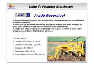 Linha de Produtos Marchesan

     AR                  Arado Reversível
> O Arado Reversível possui uma estrutura leve, destacando-se pela versatilidade e
superior resistência.
> Apresenta um excelente rendimento no preparo de solo, efetuando a aração em
nível ou na construção dos terraços comuns ou de base estreita.
> A roda guia possui regulagem de pressão e de ângulo, conforme o tipo de solo,
proporcionando total estabilidade ao conjunto.



● Nº de Discos: 3
● Diâmetro dos Discos: 26” ou 28”
● Largura de Corte: 800 - 900 mm
● Espaçamento: 550 mm
● Potência no Motor: 60 cv
● Profundidade de Corte: 150 - 300 mm
 
