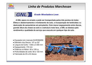 Linha de Produtos Marchesan

   GNL                  Grade Niveladora Leve

   A GNL opera no arrasto e pode ser transportada pelos três pontos do trator.
Efetua o destorroamento e nivelamento do solo, a incorporação de herbicidas e a
destruição de sementeiras em pré-plantio. Com menor espaçamento entre discos,
grande altura do chassi ao solo e a estrutura mais leve, a GNL se destaca pelo
rendimento e qualidade do serviço que executa em qualquer tipo de solo.




● Equipada com mancais DUROMARK
● Diâmetro dos Discos: 18” ou 20"
● Largura de Corte: 1.550 a 3.400 mm
● Espaçamento: 170 mm
● Potência no Motor: 50 a 100 cv
● Profundidade de corte: 60 a 120 mm
● Fabricada de 20 a 42 discos
 