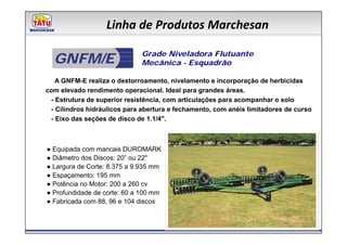 Linha de Produtos Marchesan

  GNFM/E                     Grade Niveladora Flutuante
                             Mecânica - Esquadrão

   A GNFM-E realiza o destorroamento, nivelamento e incorporação de herbicidas
com elevado rendimento operacional. Ideal para grandes áreas.
 - Estrutura de superior resistência, com articulações para acompanhar o solo
 - Cilindros hidráulicos para abertura e fechamento, com anéis limitadores de curso
 - Eixo das seções de disco de 1.1/4".



● Equipada com mancais DUROMARK
● Diâmetro dos Discos: 20” ou 22"
● Largura de Corte: 8.375 a 9.935 mm
● Espaçamento: 195 mm
● Potência no Motor: 200 a 260 cv
● Profundidade de corte: 60 a 100 mm
● Fabricada com 88, 96 e 104 discos
 