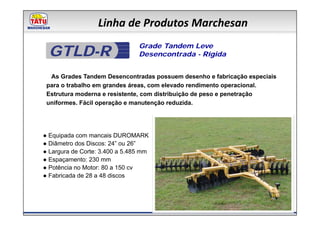 Linha de Produtos Marchesan

  GTLD-R
                                Grade Tandem Leve
                                Desencontrada - Rígida


  As Grades Tandem Desencontradas possuem desenho e fabricação especiais
 para o trabalho em grandes áreas, com elevado rendimento operacional.
 Estrutura moderna e resistente, com distribuição de peso e penetração
 uniformes. Fácil operação e manutenção reduzida.




● Equipada com mancais DUROMARK
● Diâmetro dos Discos: 24” ou 26”
● Largura de Corte: 3.400 a 5.485 mm
● Espaçamento: 230 mm
● Potência no Motor: 80 a 150 cv
● Fabricada de 28 a 48 discos
 