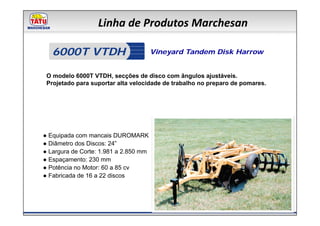 Linha de Produtos Marchesan

   6000T VTDH                          Vineyard Tandem Disk Harrow


 O modelo 6000T VTDH, secções de disco com ângulos ajustáveis.
 Projetado para suportar alta velocidade de trabalho no preparo de pomares.




● Equipada com mancais DUROMARK
● Diâmetro dos Discos: 24”
● Largura de Corte: 1.981 a 2.850 mm
● Espaçamento: 230 mm
● Potência no Motor: 60 a 85 cv
● Fabricada de 16 a 22 discos
 